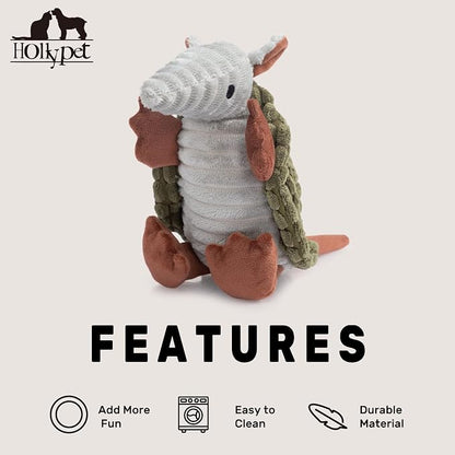 Hollypet Plush Dog Squeaky Toy Stuffed Armadillo Animal Pet Puppy Chew Toys with Clean Teeth for Small Medium Large All Breed Sizes Dogs, Olive Green, 8 in