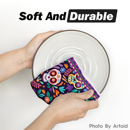 Artoid Mode Sugar Skull Day of The Dead Kitchen Towels Dish Towels, 18x26 Inch Daisy Flower Mexican Decor Hand Towels Set of 2