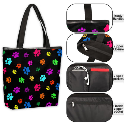 KOBLEN Dog Paw Print Canvas Tote Bag Reusable Grocery Shopping Bags for Women Beach Travel Storage Handbag with Zipper Portable Shoulder Bag