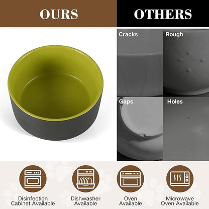 Ceramic Dog and Cat Bowl Set with Wooden Stand Matte Glaze Elevated Food Water Set Anti-Tip Non-Slip Weighted for Cats Small Breed Dogs-Green-13.3OZ