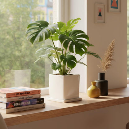 White Ceramic Plant Pots with Saucers, 6 Inch Square Planter Pots Set of 2, Modern Minimalist Medium Flower Pots for Indoor Plants, Snake Plants, Monstera, Home Decor