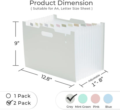 Y YOMA 2 Pack Accordion File Organizer with Handle 12 Pockets Expanding File Folder with Removable Tabs for A4 Letter Size Paper Portable Plastic Filing Organizer Document Bill Receipt Holder, Grey