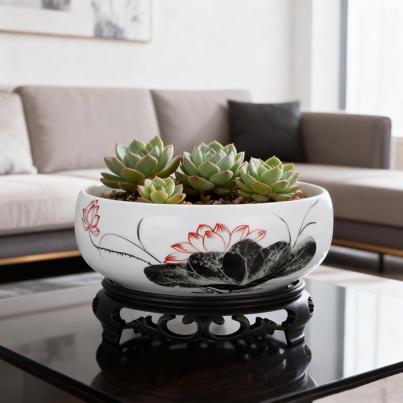 DOITOOL Blue and White Porcelain Lotus Bowl Planter Pot with Stand Ceramic Hydroponic Container for Water Lily Narcissus Bonsai Indoor Home Office Garden Decor