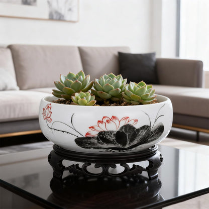 DOITOOL Blue and White Porcelain Lotus Bowl Planter Pot with Stand Ceramic Hydroponic Container for Water Lily Narcissus Bonsai Indoor Home Office Garden Decor