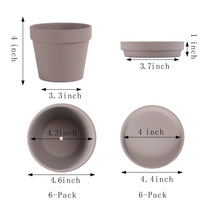 Yishang Terra Cotta Pots with Saucer/Ceramic Tray, 6-Pack Large Terracotta Pots 4.6'' Clay Ceramic Pottery Planter Cactus Flower Succulent Pot Drainage Hole - for Plants, Crafts (Grey)