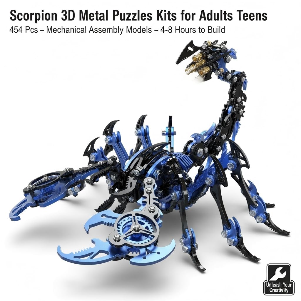 Scorpion 3D Metal Puzzles for Adults, 454PCS Stainless Steel DIY Mechanical Metal Model Kits, No Glue Assembly with Movable Joints, Challenging Metal Building Kit Desk Decor Gift(Blue-Black)