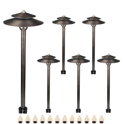 DOSHINE® Solid Brass Low Voltage Landscape Lighting Pathway Lights (8.25" Shade, 22" Tall) with Replaceable 3W G4 LED Bulb 3000K AC/DC 12V and Ground Stake for Outdoor Walkway Driveway (DOU, 6-Pack)