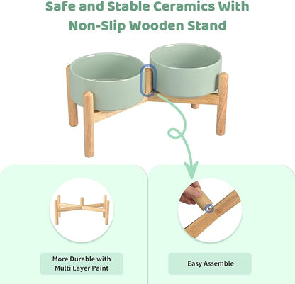 SPUNKYJUNKY Ceramics Elevated Dog Bowls with Wooden Stand Raised Bowl for Medium Large Dog Food and Water Pet Feeding Bowl(Double 60OZ Bowls,Light Green)