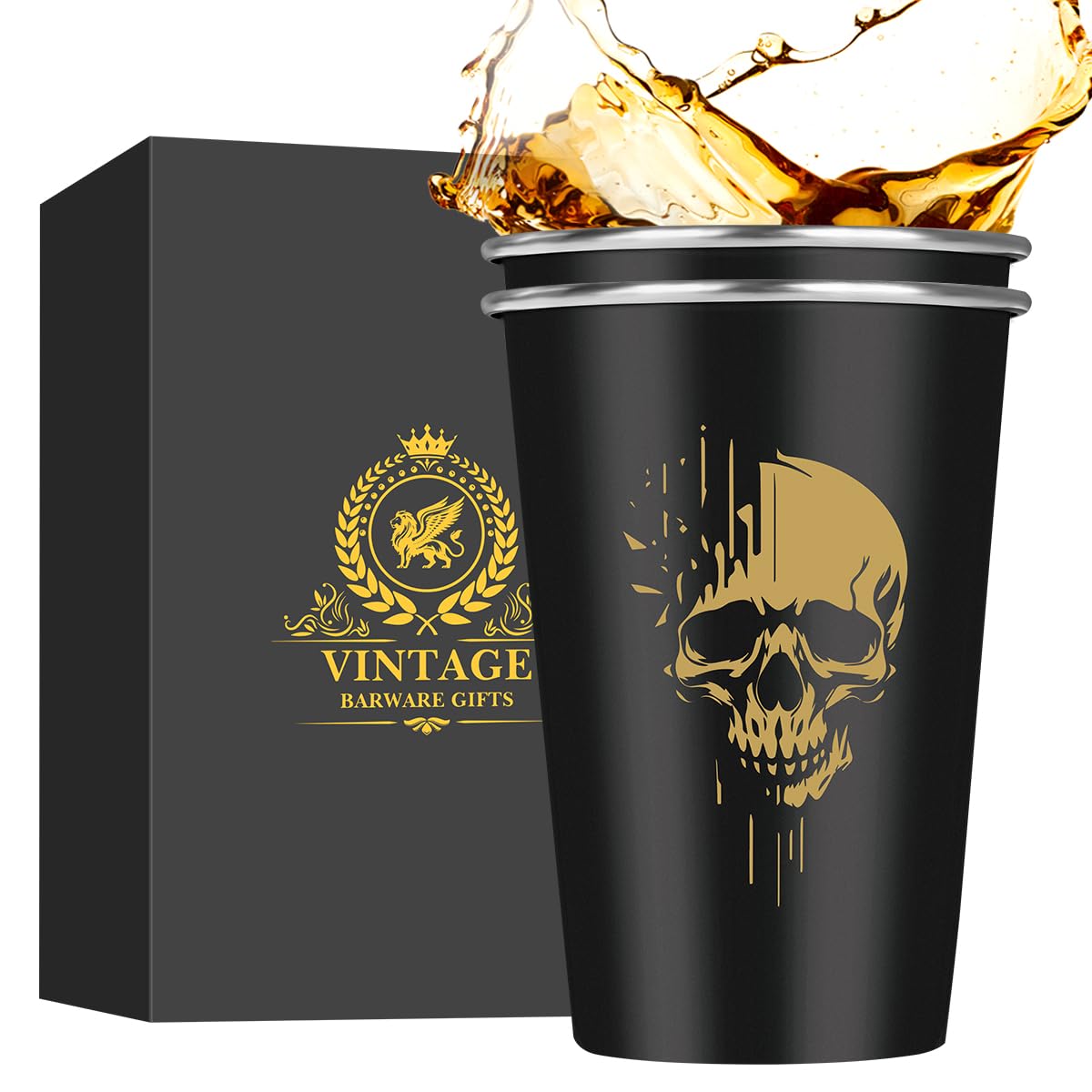 MR.BARWARE Skull Stainless Steel Beer Cups, Skull Gifts for Goth Fan, Stackable Camping Mugs for Outdoor Indoor Activity, Father's Day Halloween Christmas Gifts for Men Women, 500ML(2 Pack)
