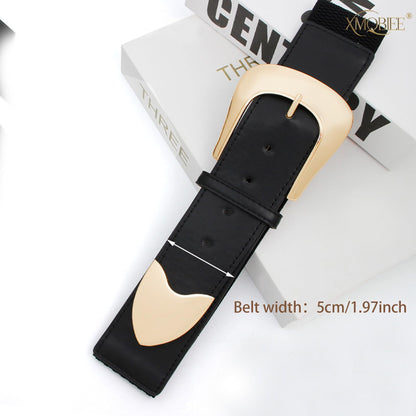 XMQBIEE Women's Wide Elastic Waist Belt with Gold Western Buckle, Retro Leather Waist Belt for Dresses Jeans and Coats