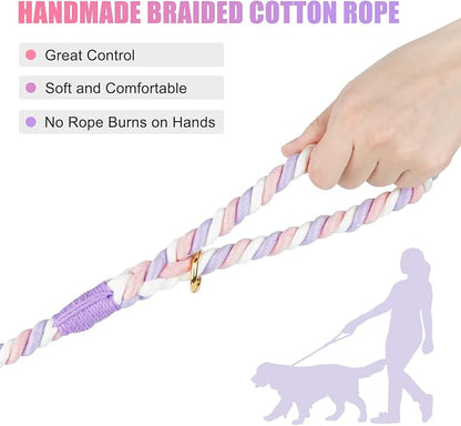 Dog Leash 6 FT Handmade Braided Cotton Rope Leashes for Small Medium and Large Dogs, New Golden Heavy Duty Metal Clasp, Unicorn Purple