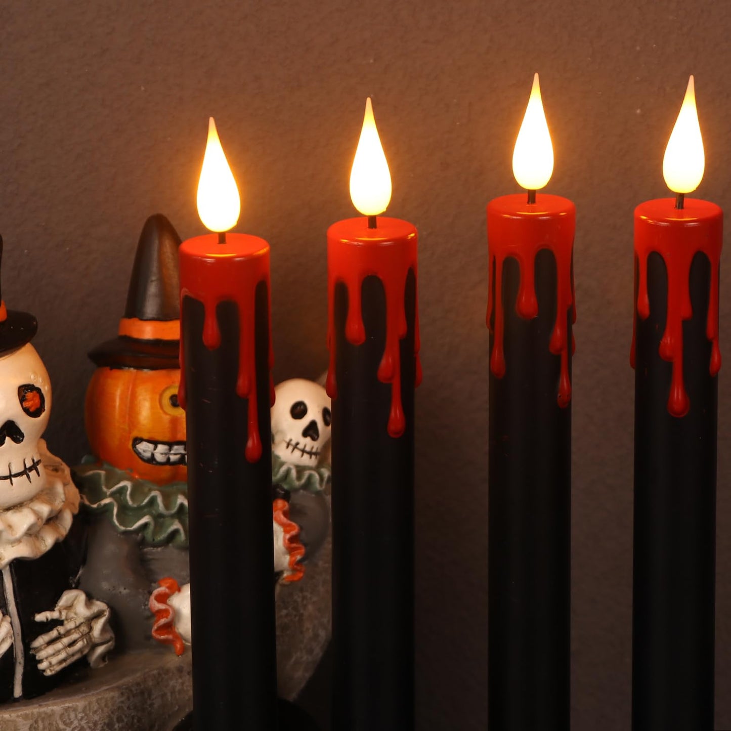 DRomance Black Flameless Taper Candles Battery Operated with Remote and Timer, Blood Dripping Wax LED Flickering Candles Skeleton Hand Holders Dinner Table Halloween Decor Lights(2 Pack, 3” x 12”)