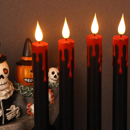 DRomance Black Flameless Taper Candles Battery Operated with Remote and Timer, Blood Dripping Wax LED Flickering Candles Skeleton Hand Holders Dinner Table Halloween Decor Lights(2 Pack, 3” x 12”)