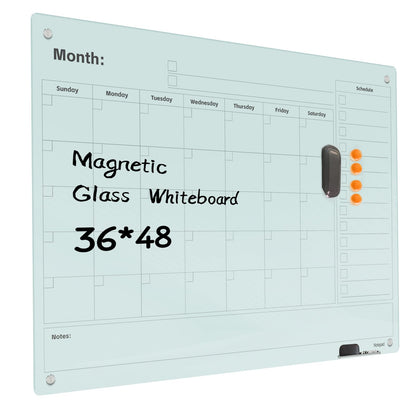 Magnetic Glass Dry Erase Board Calendar- White Board 48 x 36 Inch Wall Mounted Monthly Whiteboard, Large Frameless Glass White Board for Wall Office, Home & School