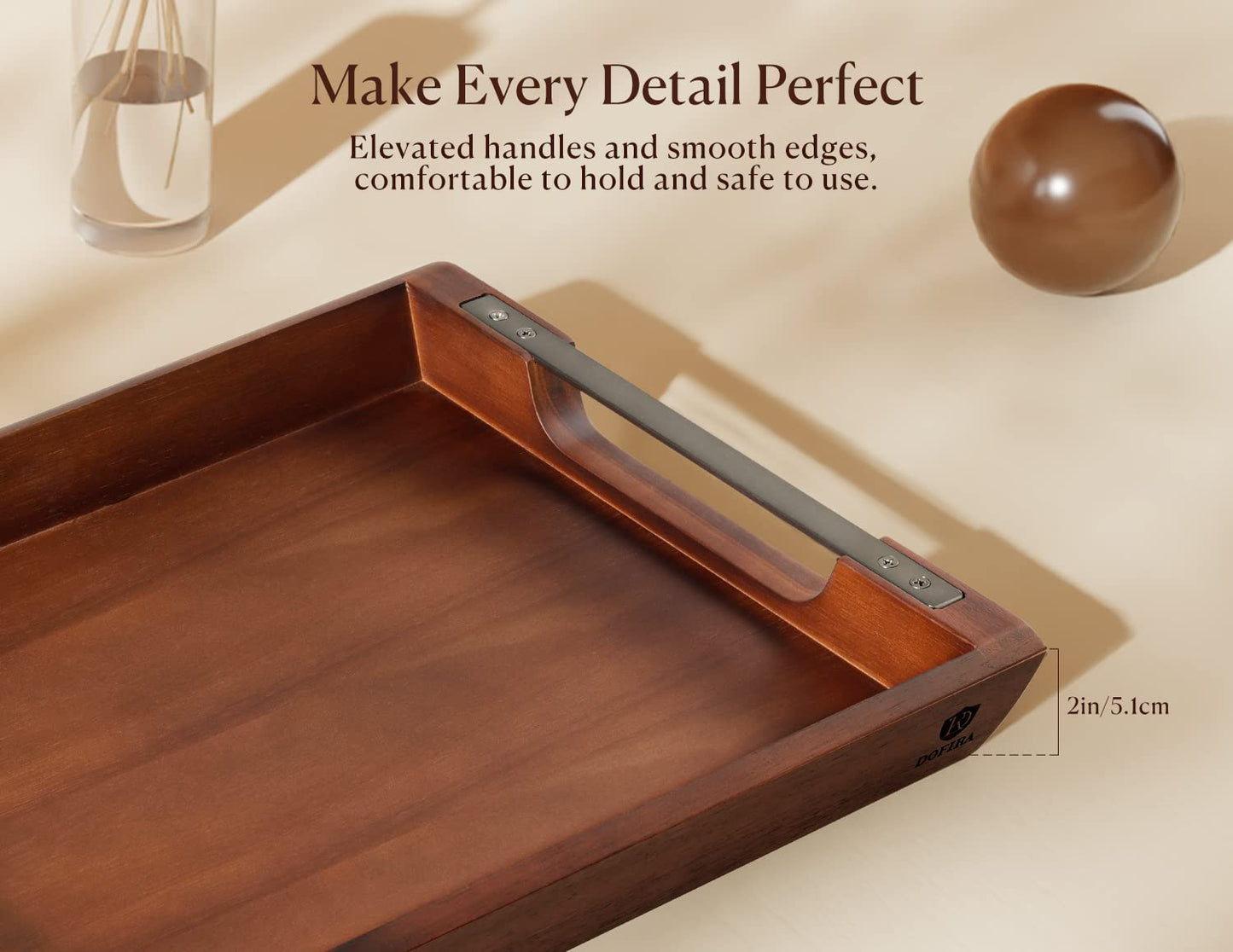 Dofira Acacia Wood Serving Tray with Metal Handles, 17x13in Food Drinks Tray for Coffee Table, Breakfast, Dinner & Bar, Rustic Decorative Storage Tray for Ottoman, Kitchen, Elegent Gift for Father