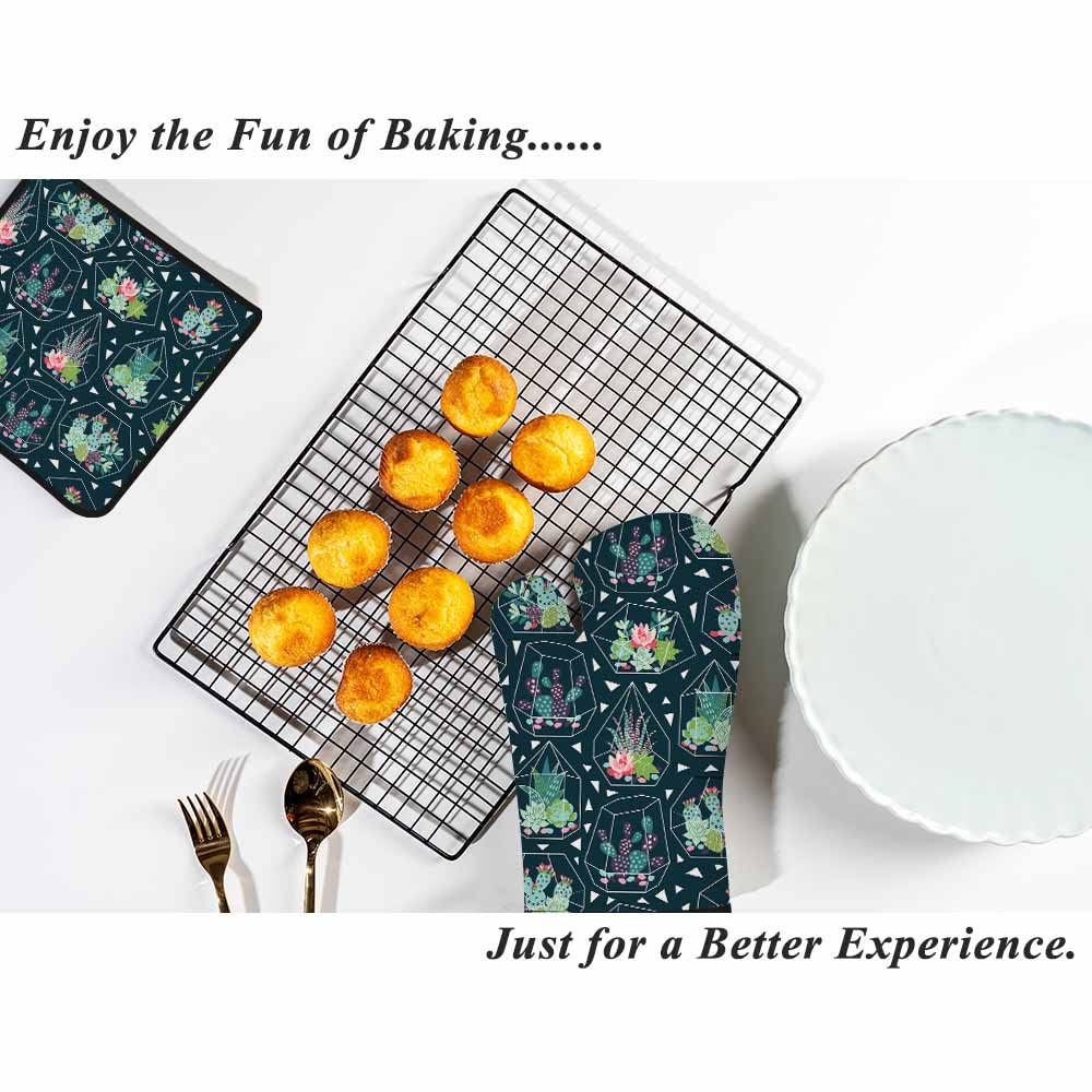 Samgula Green Plant Oven Mitts and Pot Holders Sets Succulents Cactuses in Glass Terrariums Heat Resistant 3pcs for Cooking Baking BBQ