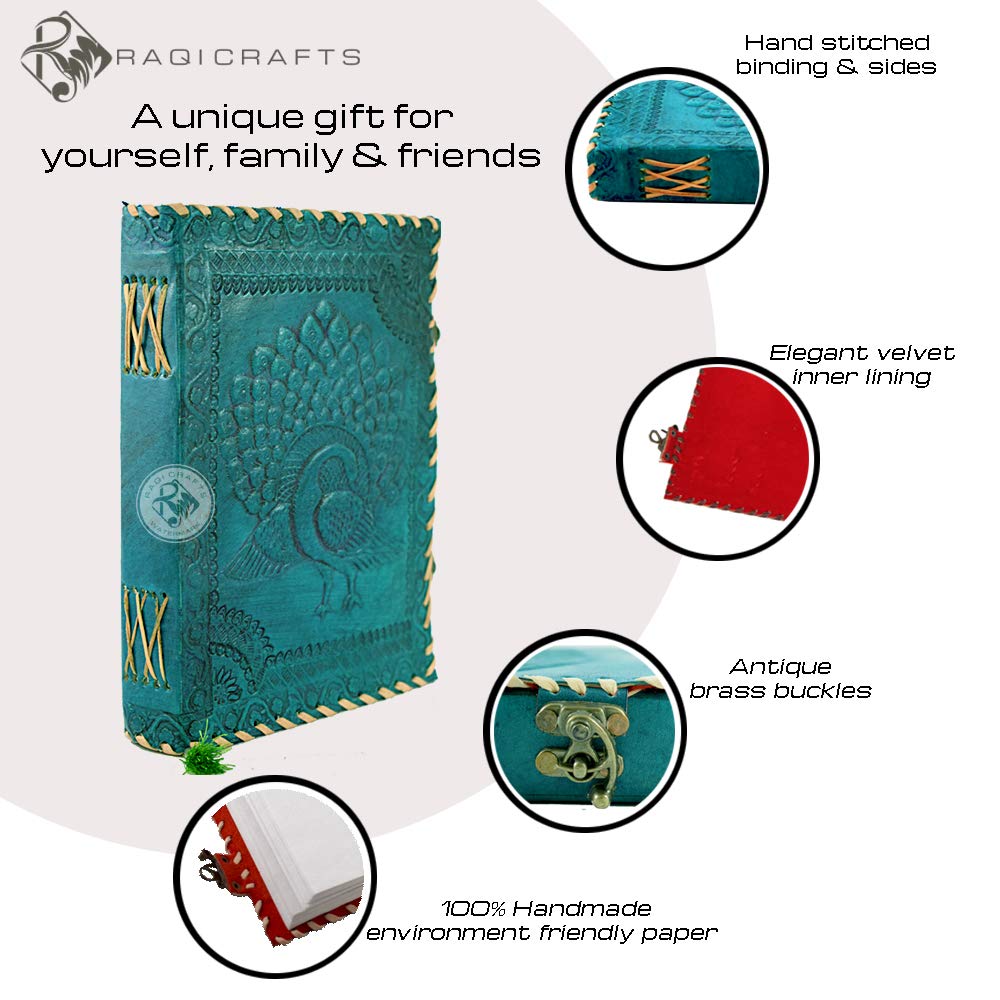 RAQI CRAFTS Premium Vintage Handmade Leather Journal Emboss Celtic Dancing Peacock. Notebook Sketchbook Spells Book Travel Diary Gift Man Woman 8x6in Turquoise