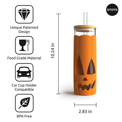 OTOTO NEW Jack-o-Cup Glass Cups with Lid and Straws - Glass Coffee Tumbler with Straws, Halloween, Goth, Witchy Gifts, Iced Coffee Cups, Glass tumbler with Bamboo Lid, 16.9oz