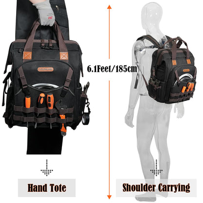 WELKINLAND 88-Pockets Waxed- Canvas HAVC Tool Backpack,Heavy-Duty electrician tools backpack,Open-Top technician tool bag backpackTool back pack for construction