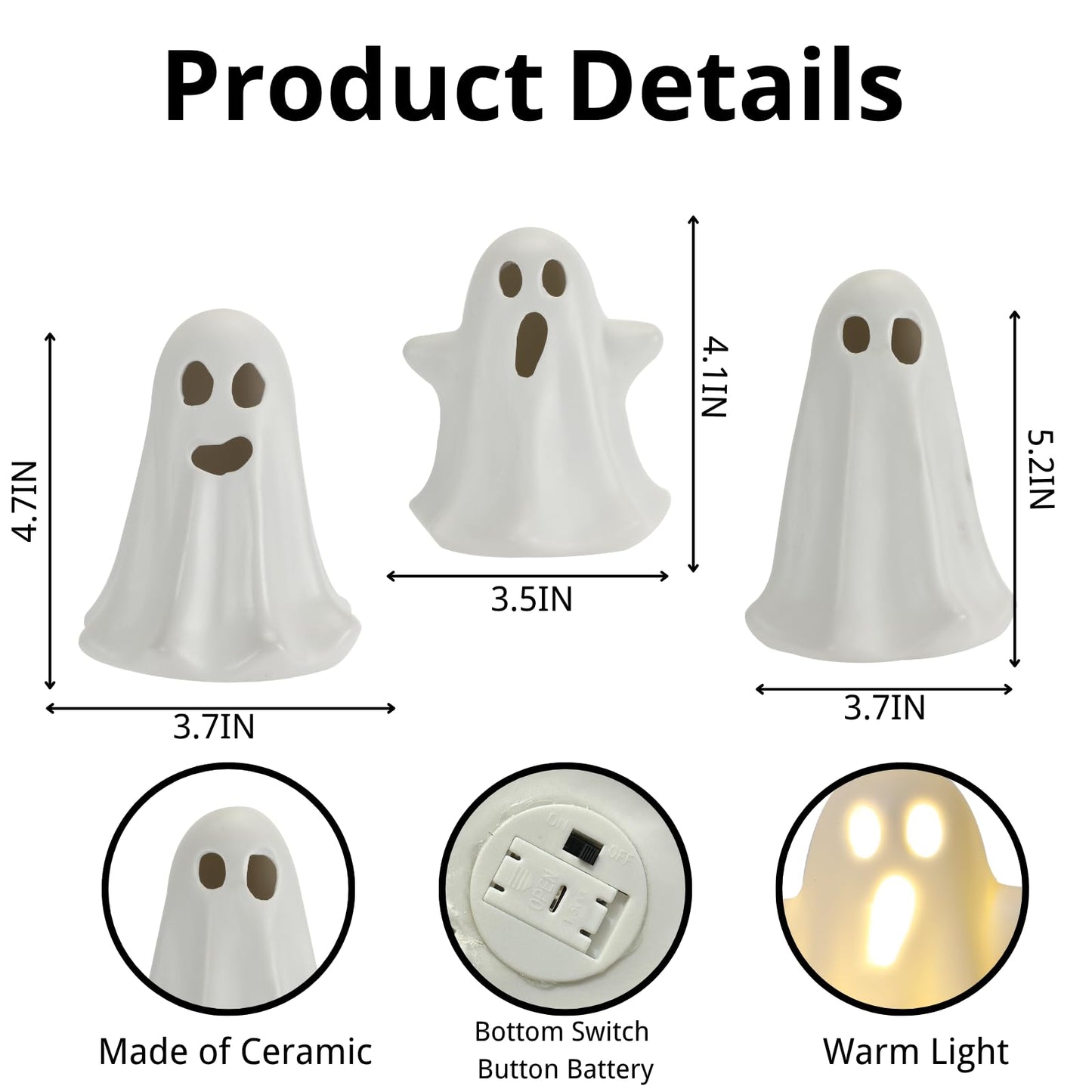 3 Pack Halloween Ceramic Ghost Decor, Light Up Ghost Halloween Decor, Cute Ghost Figurines for Table Tray Fireplace Home Indoor Decoration