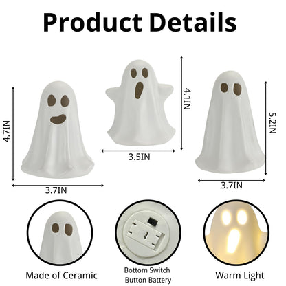 3 Pack Halloween Ceramic Ghost Decor, Light Up Ghost Halloween Decor, Cute Ghost Figurines for Table Tray Fireplace Home Indoor Decoration