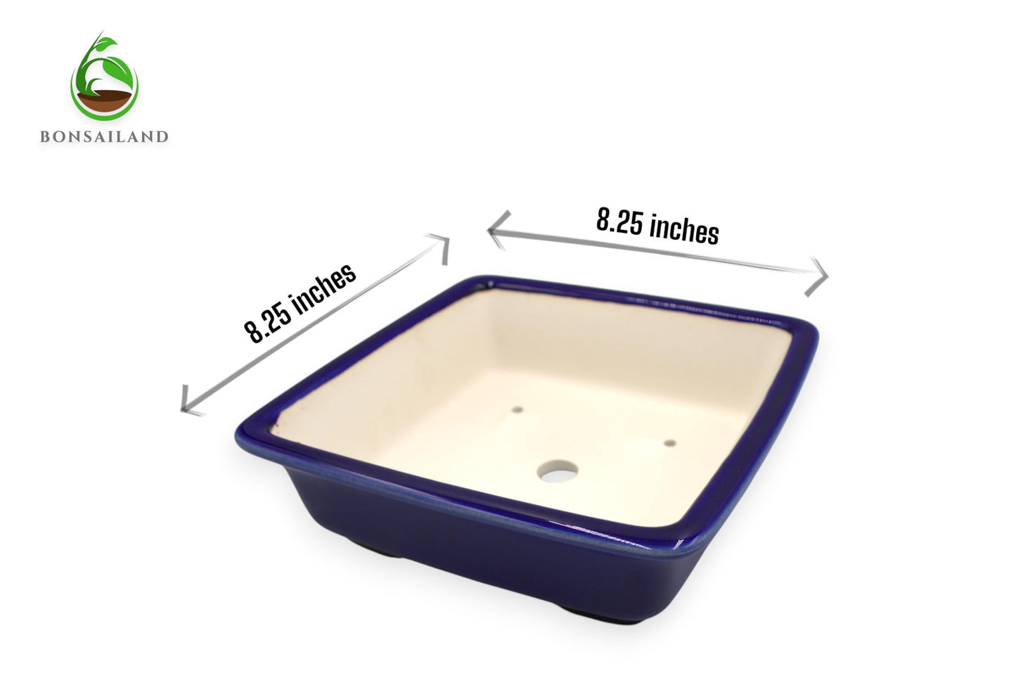 Bonsai Pot, Ceramic, Handmade, Square with Round Corners, Blue, 8.25 x 8.25 x 2.25 Inches