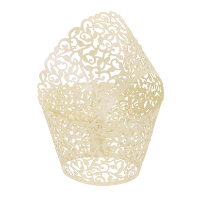 HARFINGTON 50 Pcs Lace Cupcake Liners Standard Vine Designed Hollow Out Cupcake Wraps Artistic Bake Cake Paper Cups for Anniversary Birthday Weddings Parties, Light Yellow