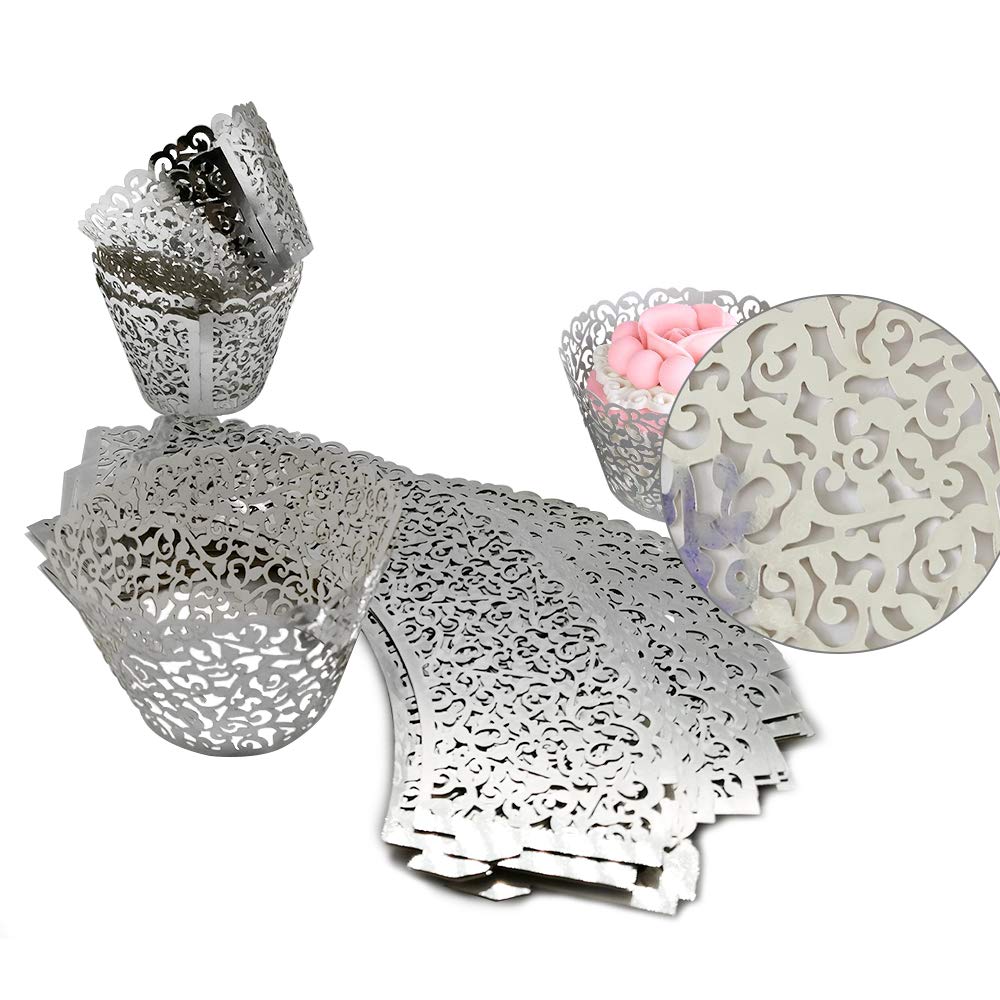 GOLF 100Pcs Cupcake Wrappers Artistic Bake Cake Paper Filigree Little Vine Lace Laser Cut Liner Baking Cup Wraps Muffin CaseTrays for Wedding Party Birthday Decoration (Silver)