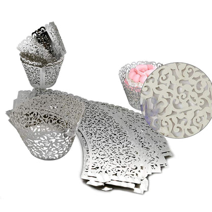 GOLF 100Pcs Cupcake Wrappers Artistic Bake Cake Paper Filigree Little Vine Lace Laser Cut Liner Baking Cup Wraps Muffin CaseTrays for Wedding Party Birthday Decoration (Silver)
