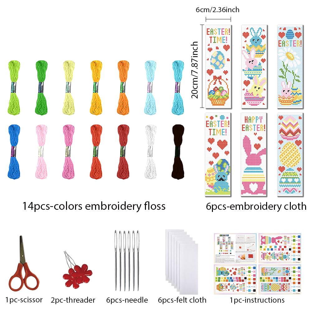 FREEBLOSS 6 Set Cross Stitch Bookmark Kit 11 CT Stamped Cross Stitch Kit DIY Embroidery Bookmark Kits for Adult Beginners with Instructions, Easter Bunny, 6 x 20 cm/8" x 2.4"