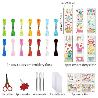 FREEBLOSS 6 Set Cross Stitch Bookmark Kit 11 CT Stamped Cross Stitch Kit DIY Embroidery Bookmark Kits for Adult Beginners with Instructions, Easter Bunny, 6 x 20 cm/8" x 2.4"