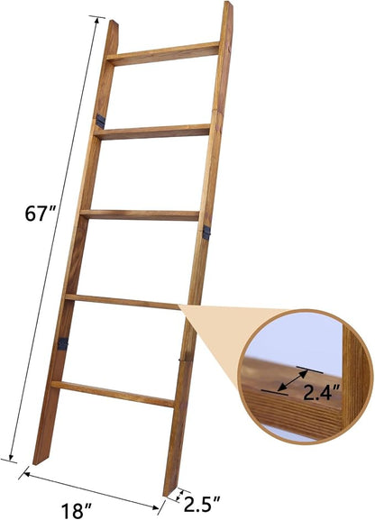 Blanket Ladder, 5-Tier Wooden Quilt Stand, Decorative Ladder Shelf, Leaning Shelf, Wall Leaning Blanket Ladder Towel Storage Rack for Living Room, Walnut