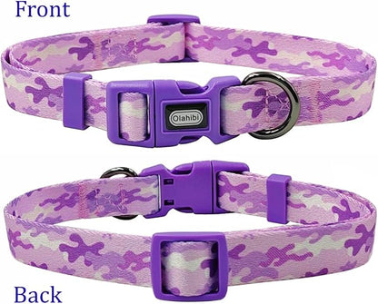 Dog Collar Leash Set, Camouflage Pattern, Polyester Material, Adjustable Collar and 5ft Matching Leash, for Small Dogs.(S, Purple Camo)