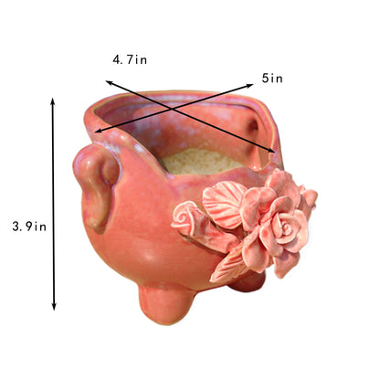 FMTITF Ceramic Planter for Succulents & Flowers 4" H, Cracked Rim with Sculptural Appliqué Design, Indoor/Outdoor Glossy Glaze Flower Pot, Drainage Plug & Curved Handles, Compact Tabletop Decor