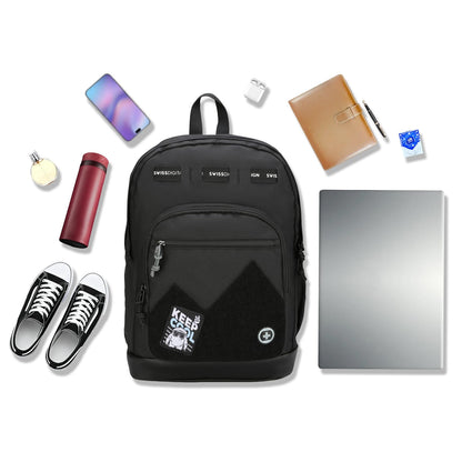 Swissdigital Design Big Student Laptop Backpack with Fun Personalized Patches For College Boy & Girl, Middle High School Teen Bookbag Cool Travel Daypack Black- Includes 3 Patches | SD1718-01