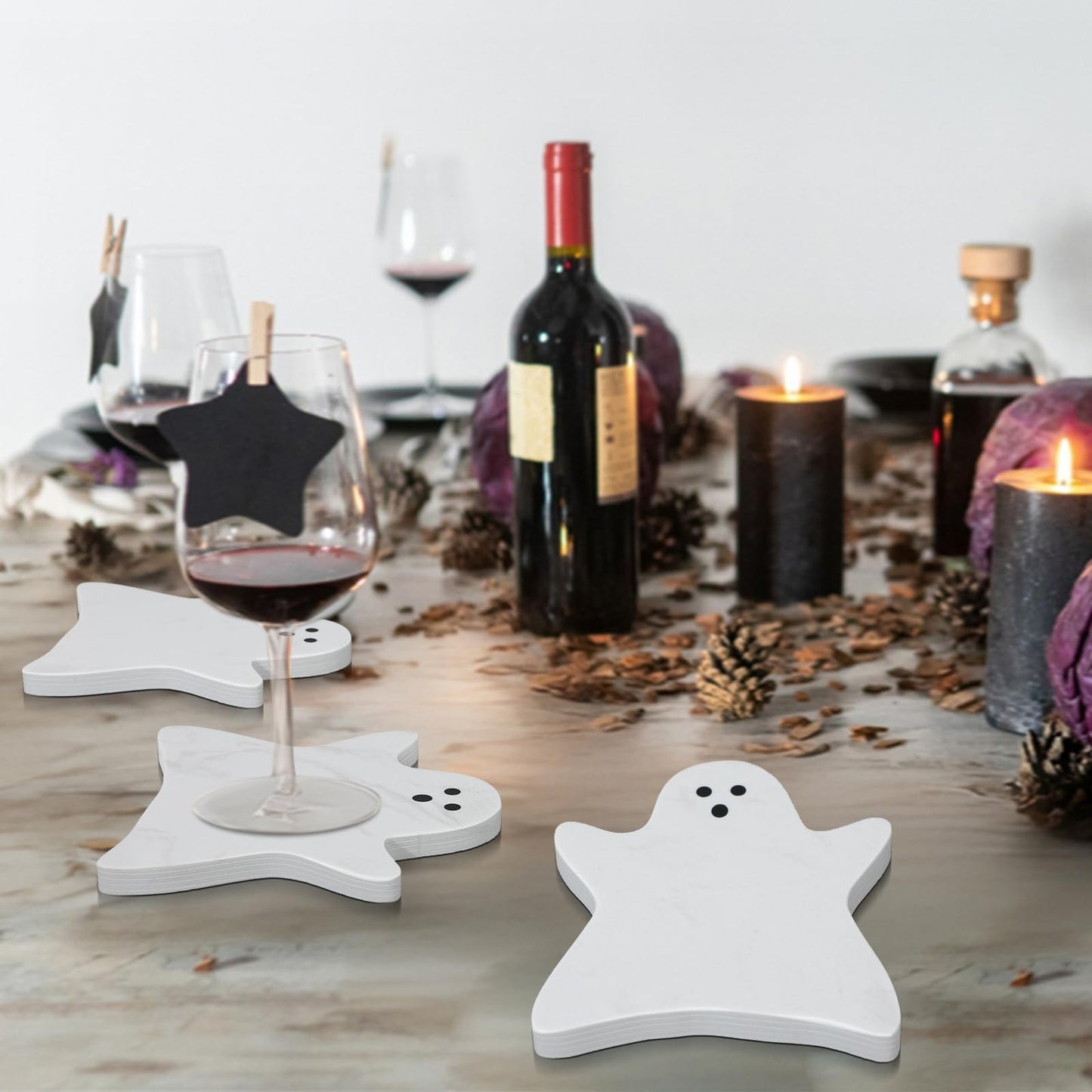 Acellegic 4pcs Marble Coasters Halloween Ghost Coasters 4.7 x 3.9 Inches for Drinks Beverage Boo Mug Cup Car Desk Party Decoration(Halloween Ghost,White)