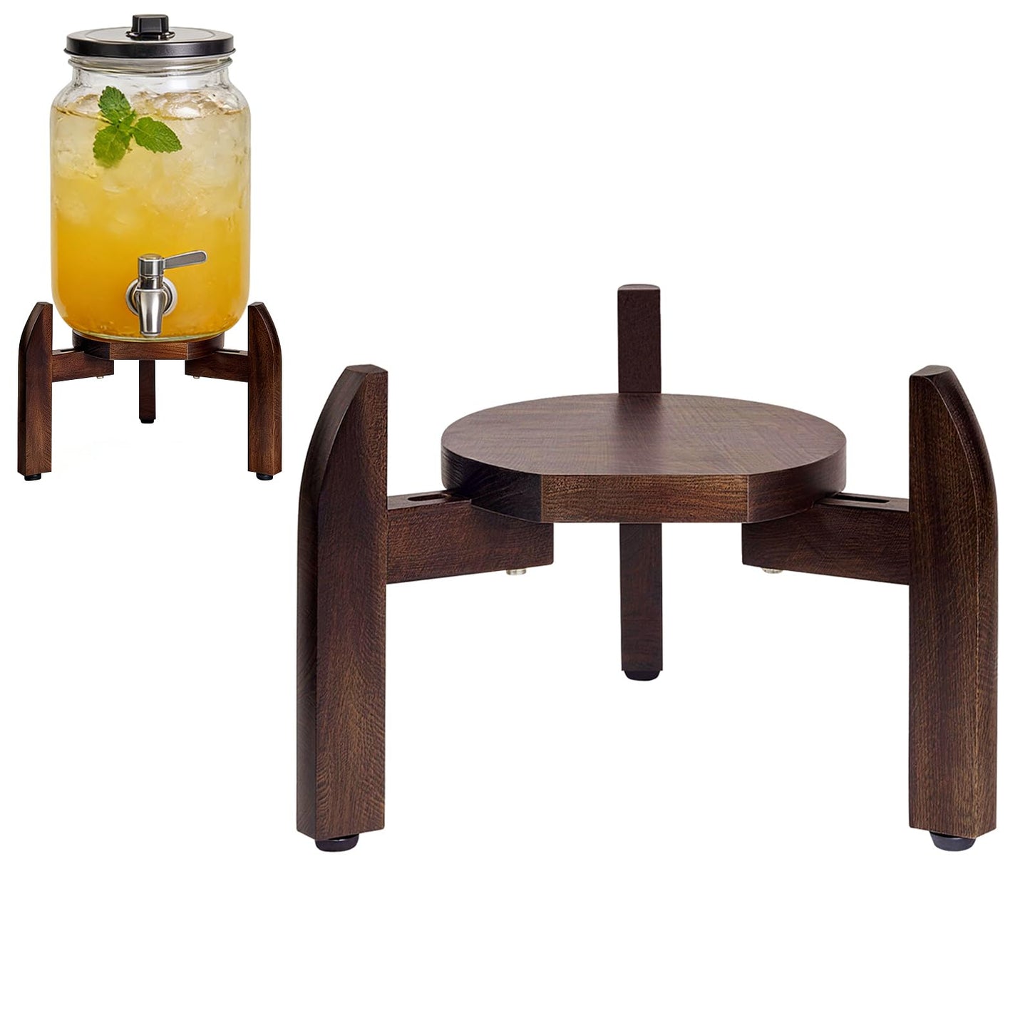 Homeqttomt Drink Dispenser Stand Adjustable Width for 5-Gal Jugs & Beverage Jars with Round Flat Tray - Sturdy Walnut Holder for Water Coolers, Plant Pots (Walnut wood color)