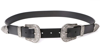 JASGOOD Double Buckle Western Belts for Woman Cowgirl Country Belt Vintage Black Leather Belt for Jeans Pants Dresses, Black