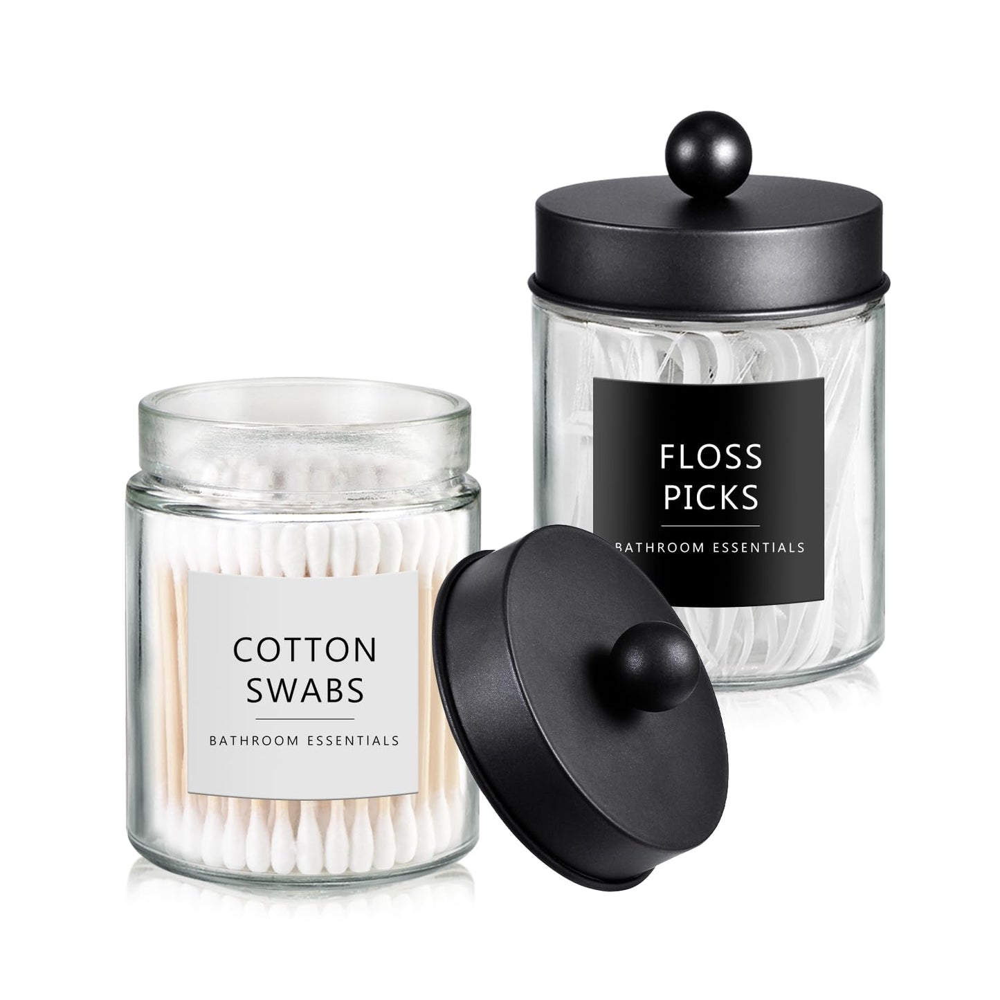 SheeChung 2-Pack Qtip Holder Dispenser - Glass Apothecary Jars with Rust-Proof Stainless Steel Lids - Modern Farmhouse Bathroom Vanity Organizer for Cotton Swabs, Balls, Pads(Black)