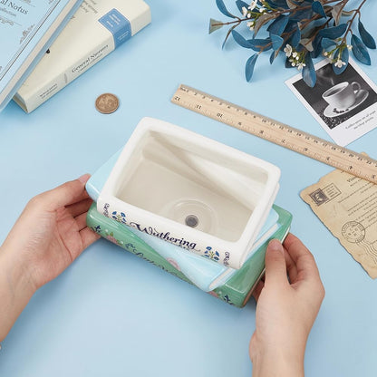 GLASSWINDS Book Planter, Unique Ceramic Book Vase for Flowers, Book-Shaped Decorative Planters, Cute Bookshelf Decor, Ceramic Planter Pot with Drainage Hole, Gifts for Books Lovers, Books Storage Box