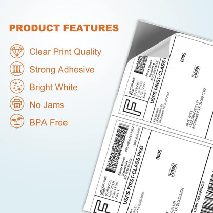 2000 Half Sheet Self Adhesive Shipping Labels for Laser Inkjet Pinters, 8.5 x 5.5 inches (1000 Sheets, 2000 Labels)