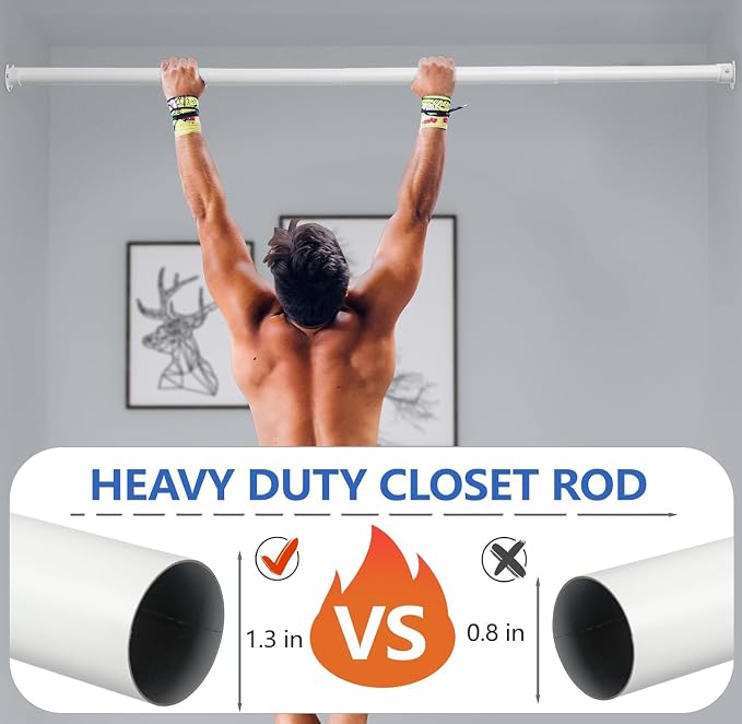 SUTINE Closet Rod, 17 to 53 Inch Closet Rods for Hanging Clothes, Heavy Duty Adjustable Closet Hanging Rod Bar White Closet Poles for Wardrobes, Closet, Bathroom, Windows,1.3 Inch Diameter