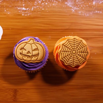 BAKERLOGY Trick-or-Treat Mini Cookie Cutter & Stamp Set (Jack-o’-Lantern Pumpkin & Spiderweb Designs) – Cute Halloween Fondant Embossing Stamp Cutters for Spooky Baking, Cupcake Toppers & Party Treats