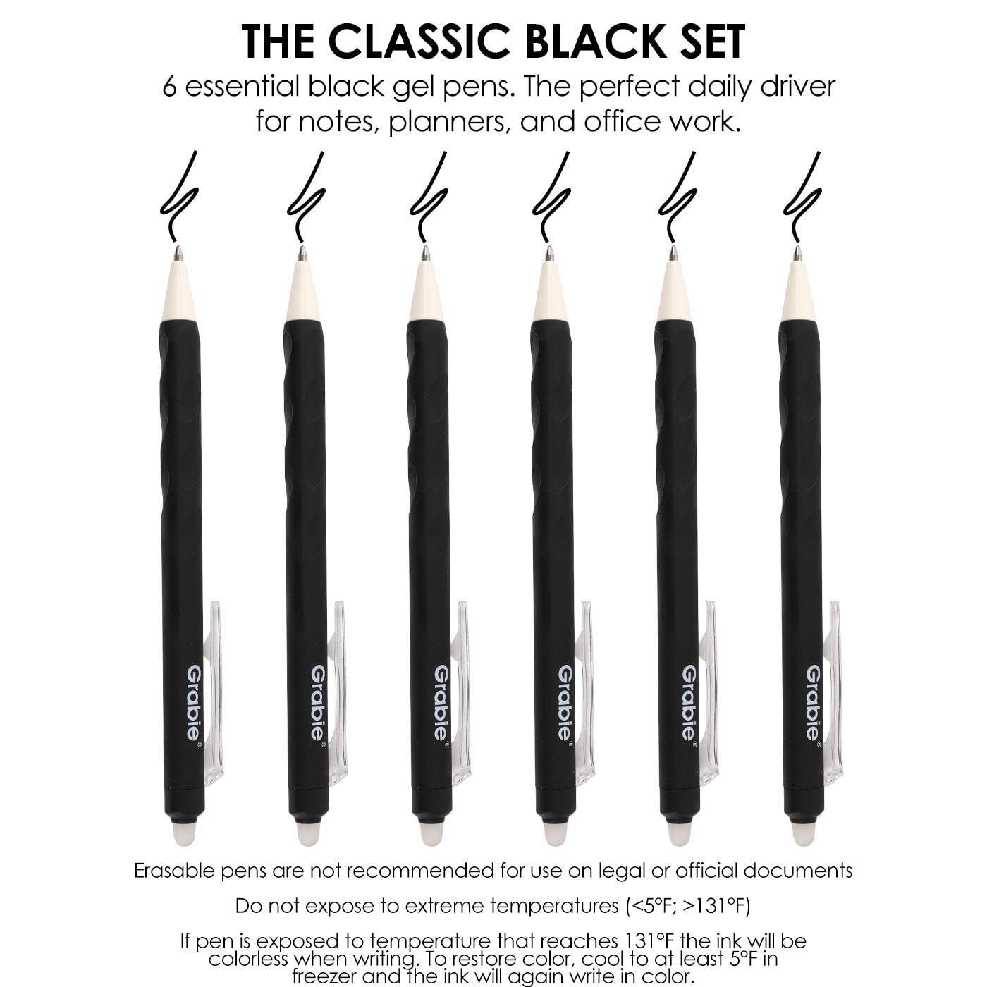 Grabie Erasable Gel Pens, Medium Point 0.7 mm Erasable Pens, Make Mistakes Disappear for Drawing Writing Planner, Pack of 6, Black
