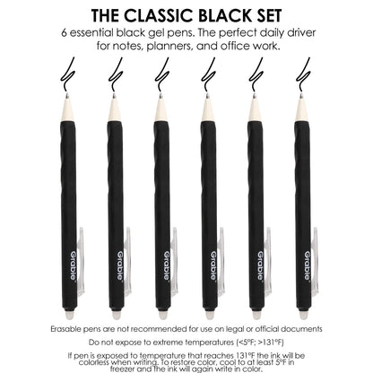 Grabie Erasable Gel Pens, Medium Point 0.7 mm Erasable Pens, Make Mistakes Disappear for Drawing Writing Planner, Pack of 6, Black