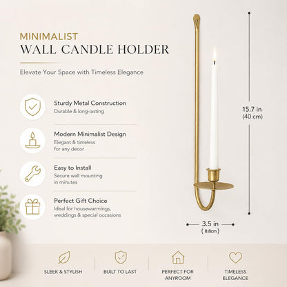 Remenna Wall Candle Holders Set of 2 Handcrafted Wrought Iron Sconces with Gold Finish, Easy to Install Modern Candle Holders for Living Room, Bedroom, Hallway, Wedding or Holiday Decor