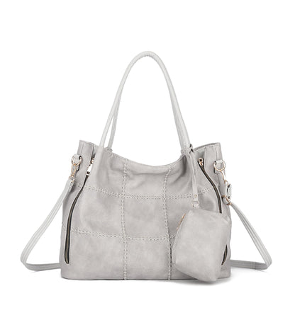 myfriday 2pcs Soft Faux Leather Tote Bag for Women Set, Slouchy Shoulder Handbag Vintage Top Handle Purse with Coin Purse (Grey)