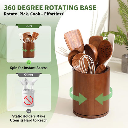gorsent Wooden Utensil Holder, 360°Rotating 7.3'' Large Utensil Holder for Kitchen Counter, Kitchen Utensil Organizer, Utensil Crock, Farmhouse Kitchens Countertop Decor, Walnut-finish