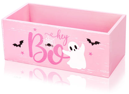 JarThenaAMCS Halloween Candy Bowl Cute Ghost Boo Candy Dish Holder Pink Wooden Serving Bowl for Table Home School Office Trick or Treat Party Decor