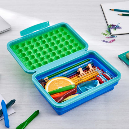LockerMate by Bostitch Expandable Pencil Box with Pop-It Top Collapsible Pencil Case for Craft and School Supplies, Green/Blue